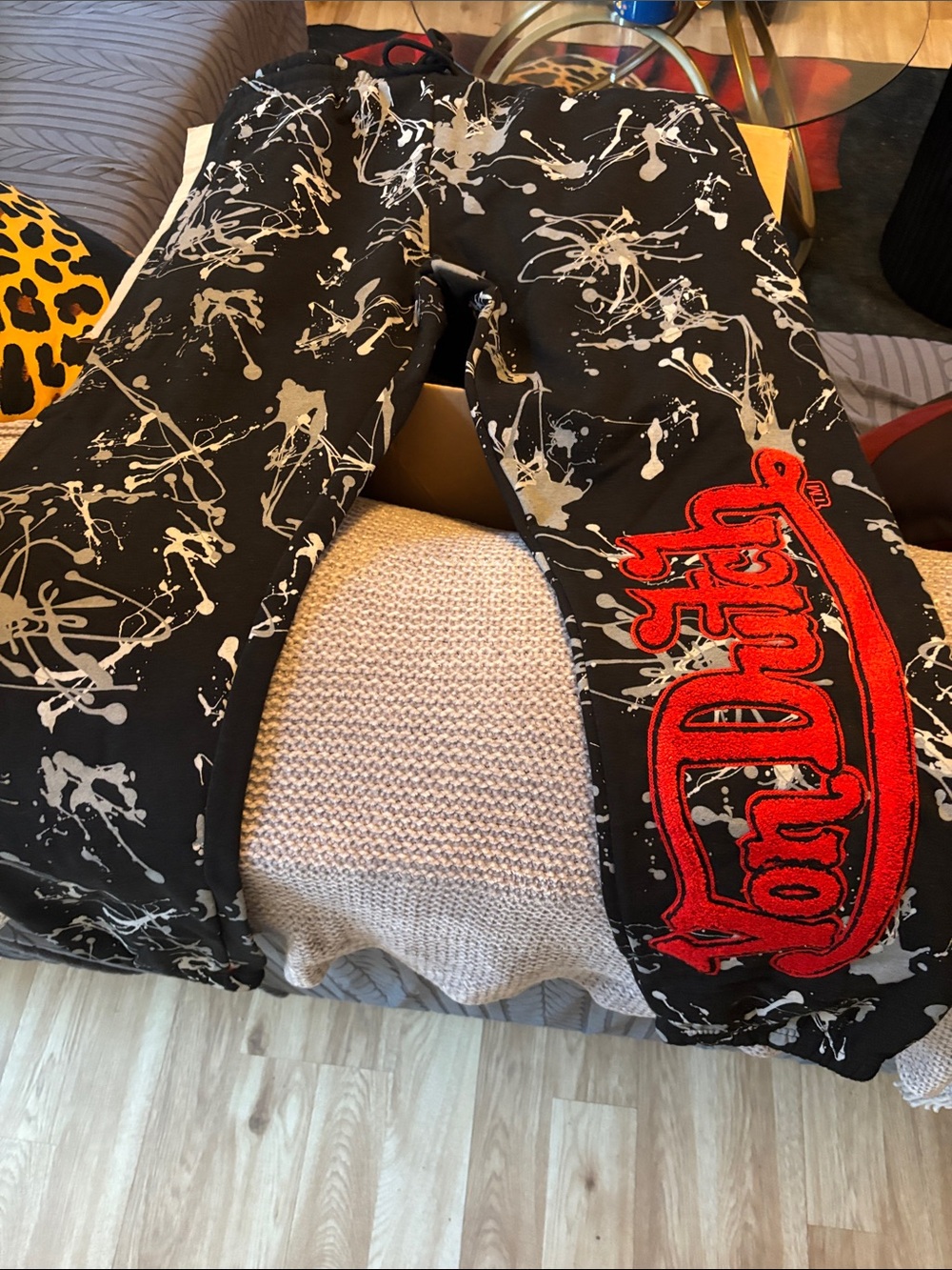 Von Dutch Black Joggers with White Splatter and Red Logo